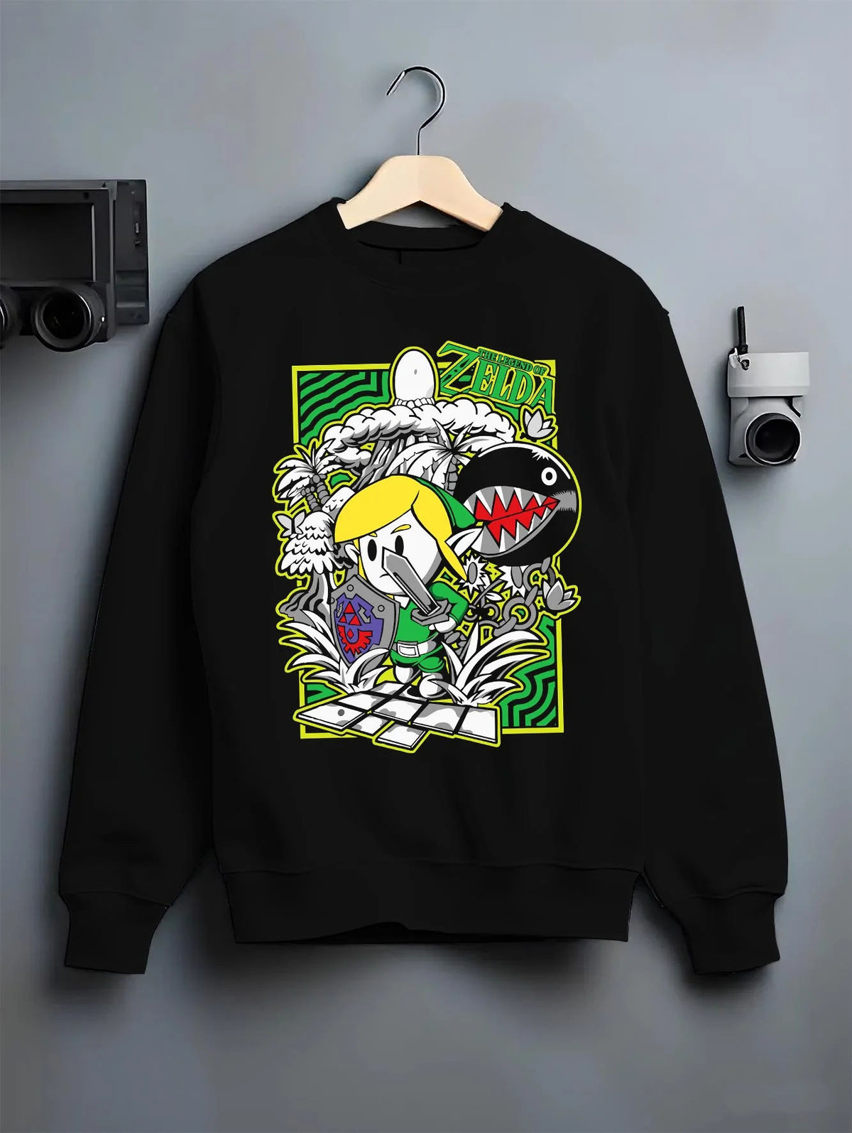 Black crewneck sweatshirt on hanger featuring Link with the Master Sword artwork.