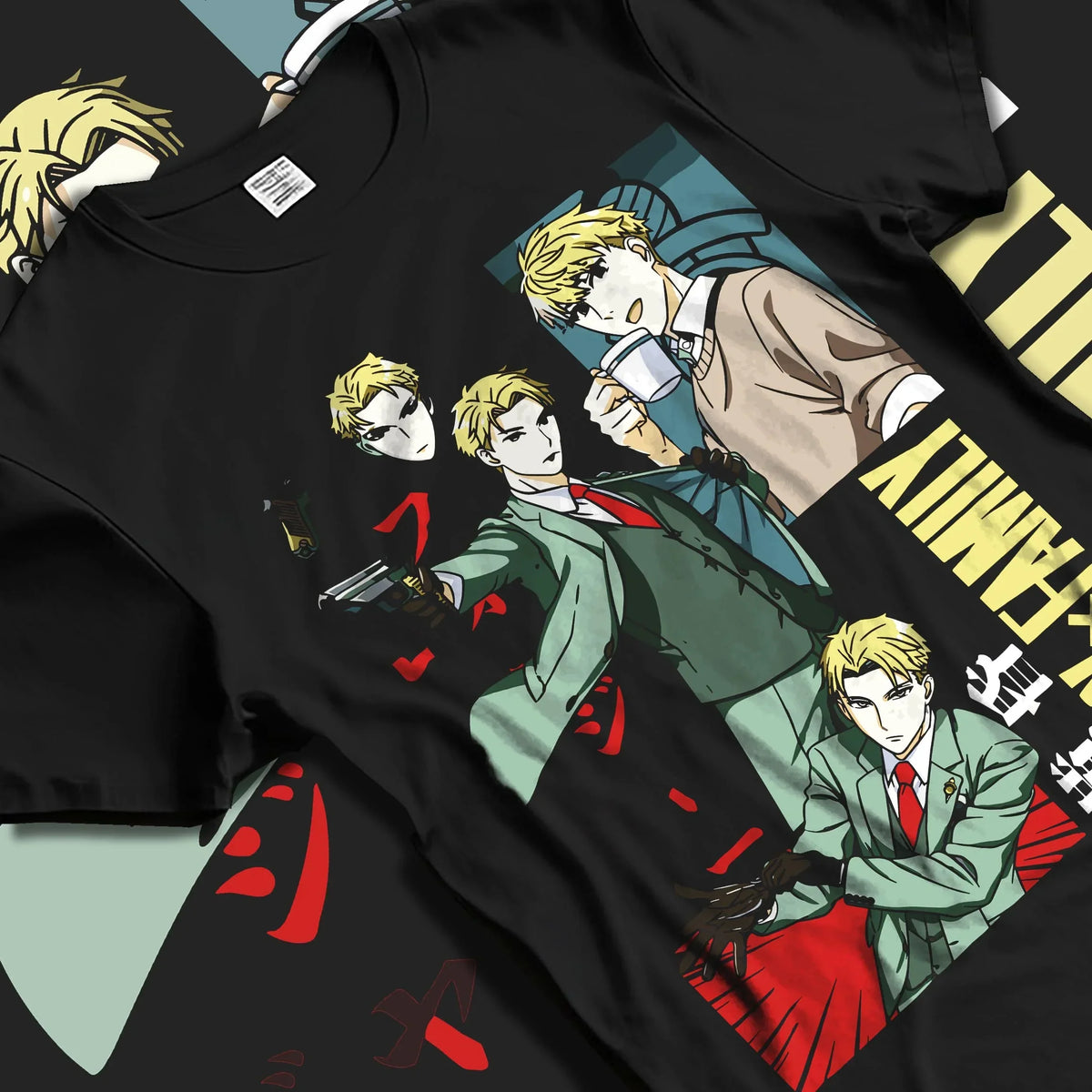 Black crewneck sweatshirt on hanger against grey wall, featuring cult classic poster inspired Loid Forger retro anime streetwear graphic.