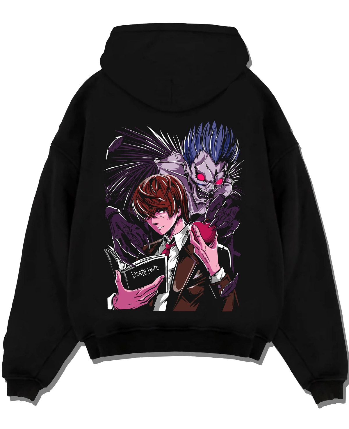 Black pullover hoodie laid flat with Ryuk Hoodie Death Note Shinigami Dark Aesthetic graphic Ryuk anime design.