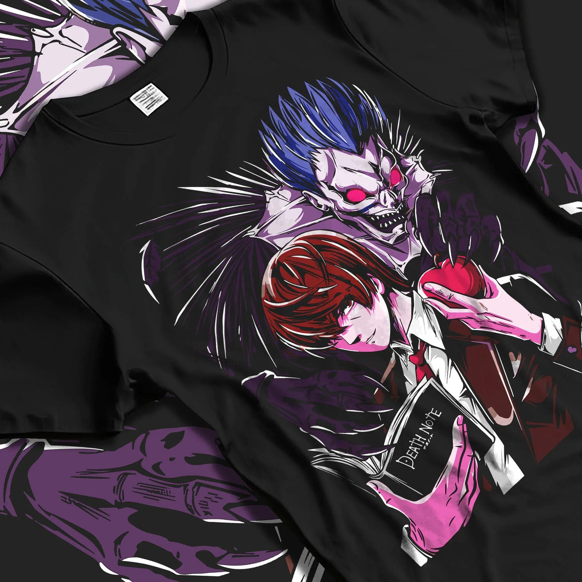 Black T-shirt laid flat with natural folds with Ryuk Hoodie Death Note Shinigami Dark Aesthetic graphic streetwear graphic.