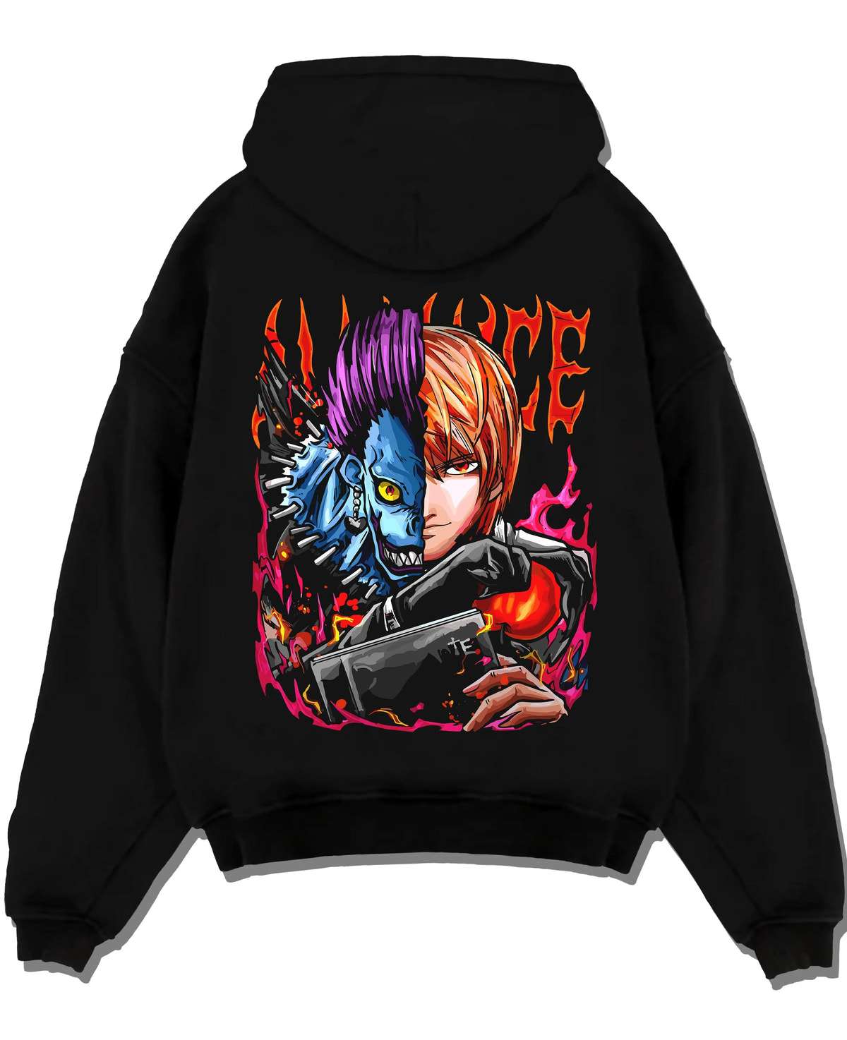 Black pullover hoodie laid flat with Ryuk Light Hoodie Death Note Kira Shinigami Duo graphic streetwear graphic.