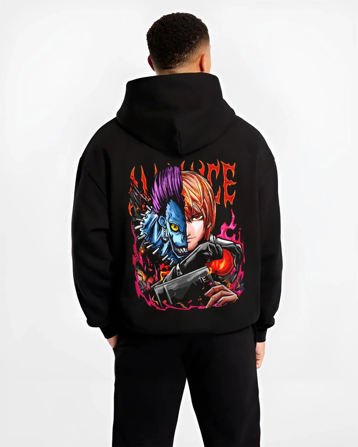 Black hoodie worn by male model, back view with Ryuk Light Hoodie Death Note Kira Shinigami Duo graphic streetwear graphic.