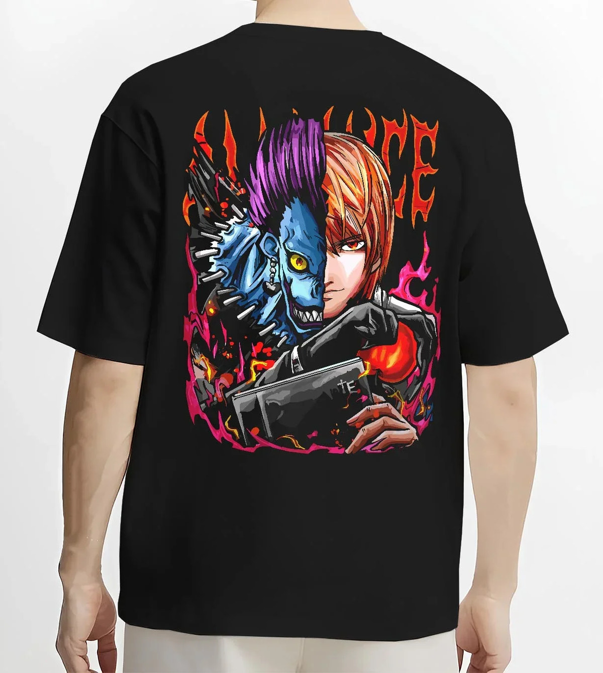 Black T-shirt worn by male model, back view with Ryuk Light Hoodie Death Note Kira Shinigami Duo graphic bold anime graphic.