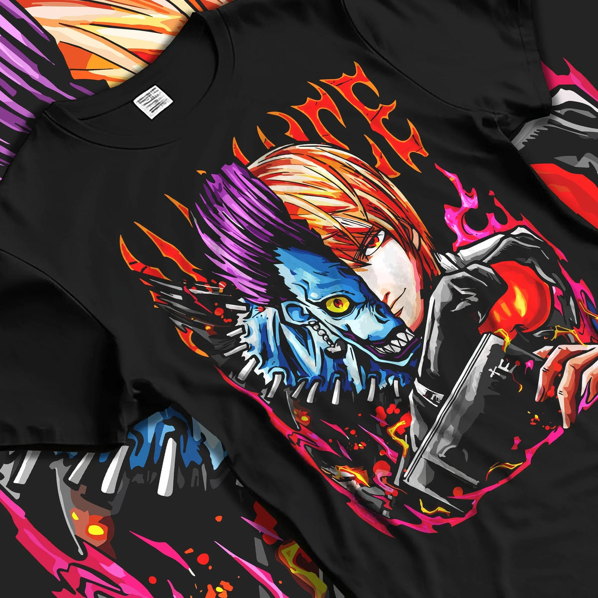 Black T-shirt laid flat with natural folds with Ryuk Light Hoodie Death Note Kira Shinigami Duo graphic premium wear.