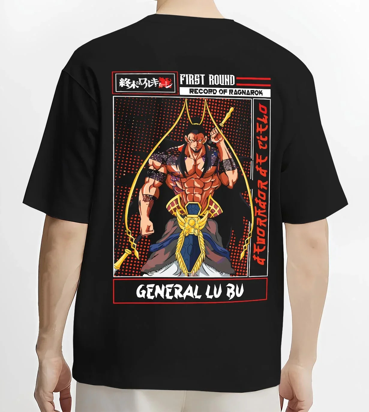 Black T-shirt worn by male model, back view with Chainsaw Man Aki Hayakawa Devil Contract Hoodie graphic premium wear.
