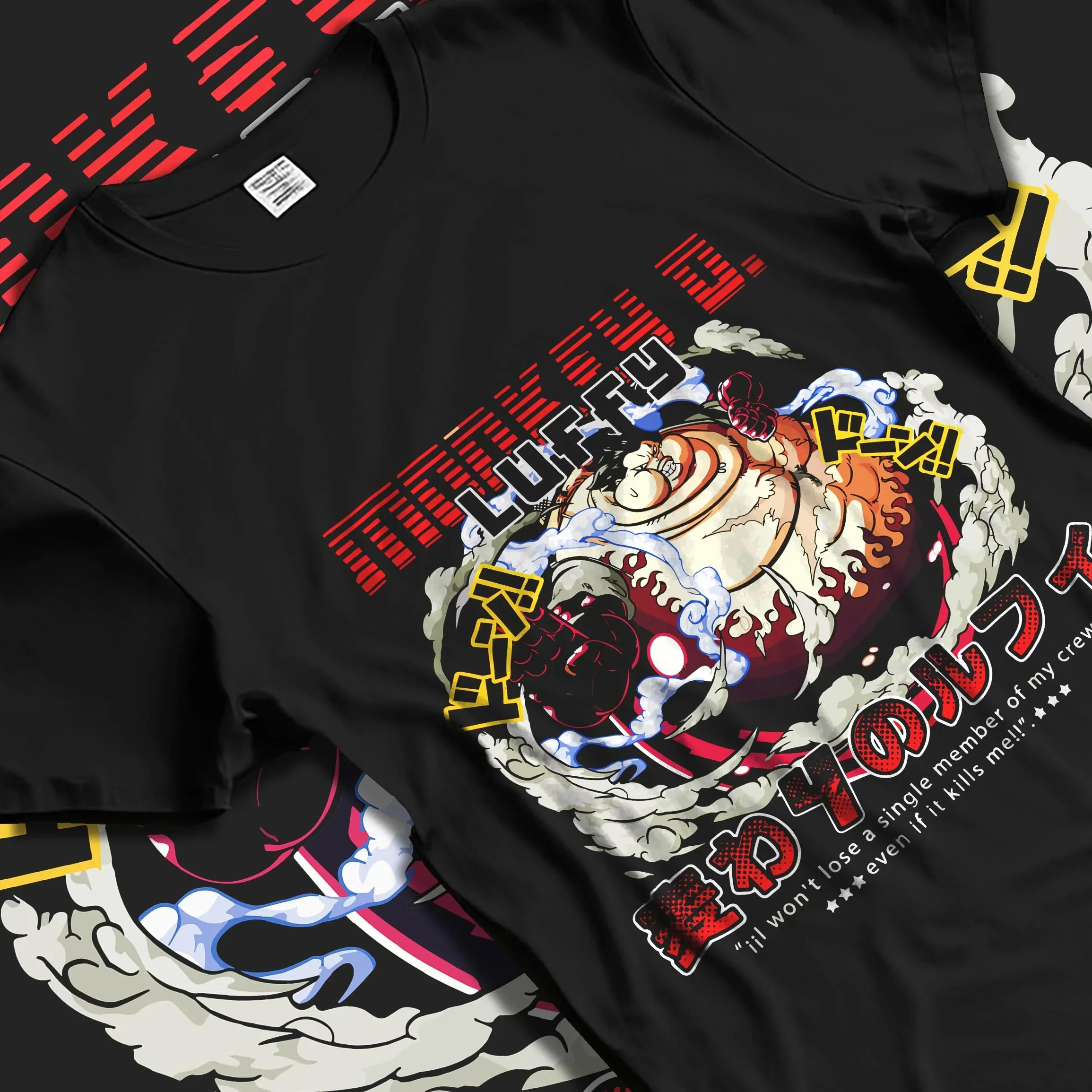 Black T-shirt laid flat with natural folds, featuring retro streetwear graphic of Luffy Gear Fourth from One Piece anime.