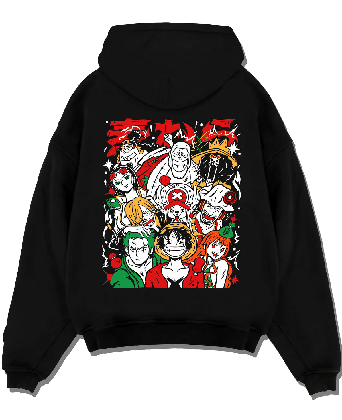 Black hoodie laid flat featuring Luffy and the Straw Hat crew artwork.