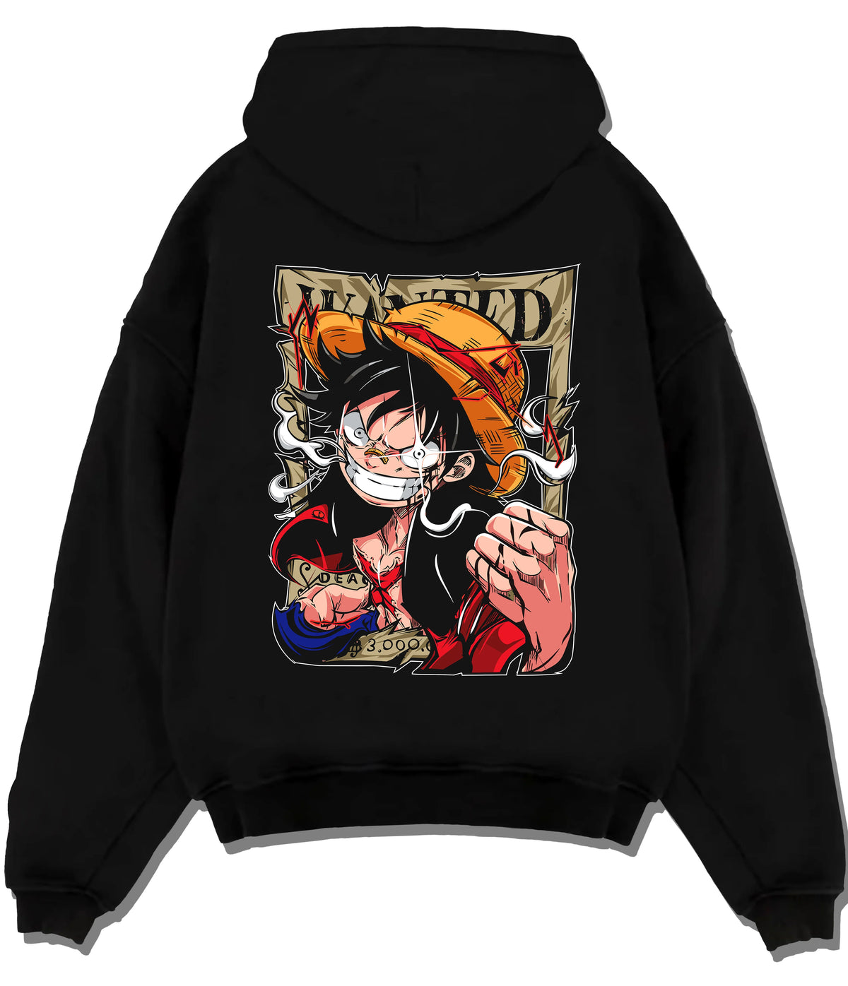 Black hoodie flat back view showing Monkey D. Luffy from One Piece: wanted poster punch