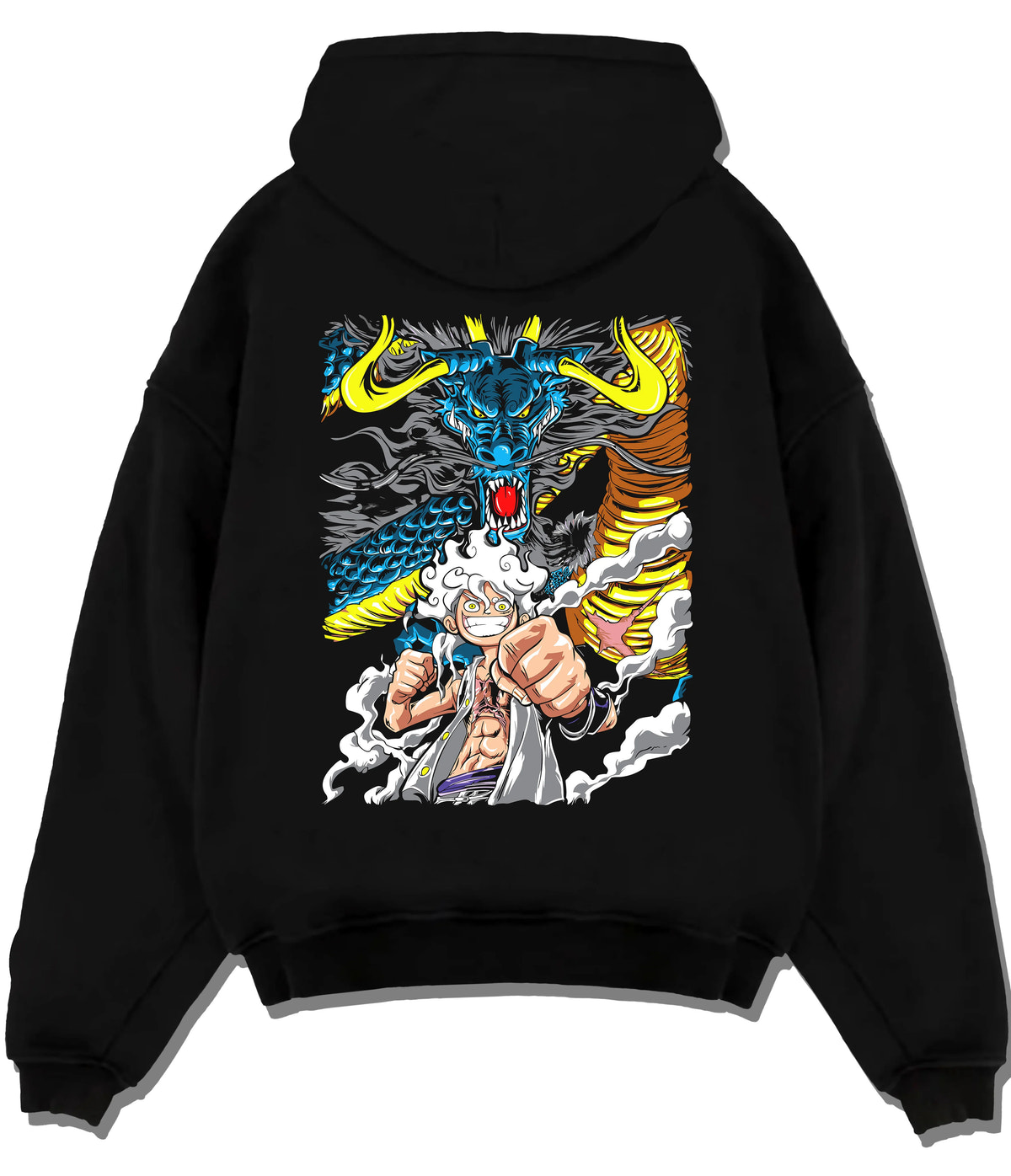 Black hoodie flat back view with Monkey D. Luffy Gear 5 with Kaido dragon from One Piece illustrated back graphic