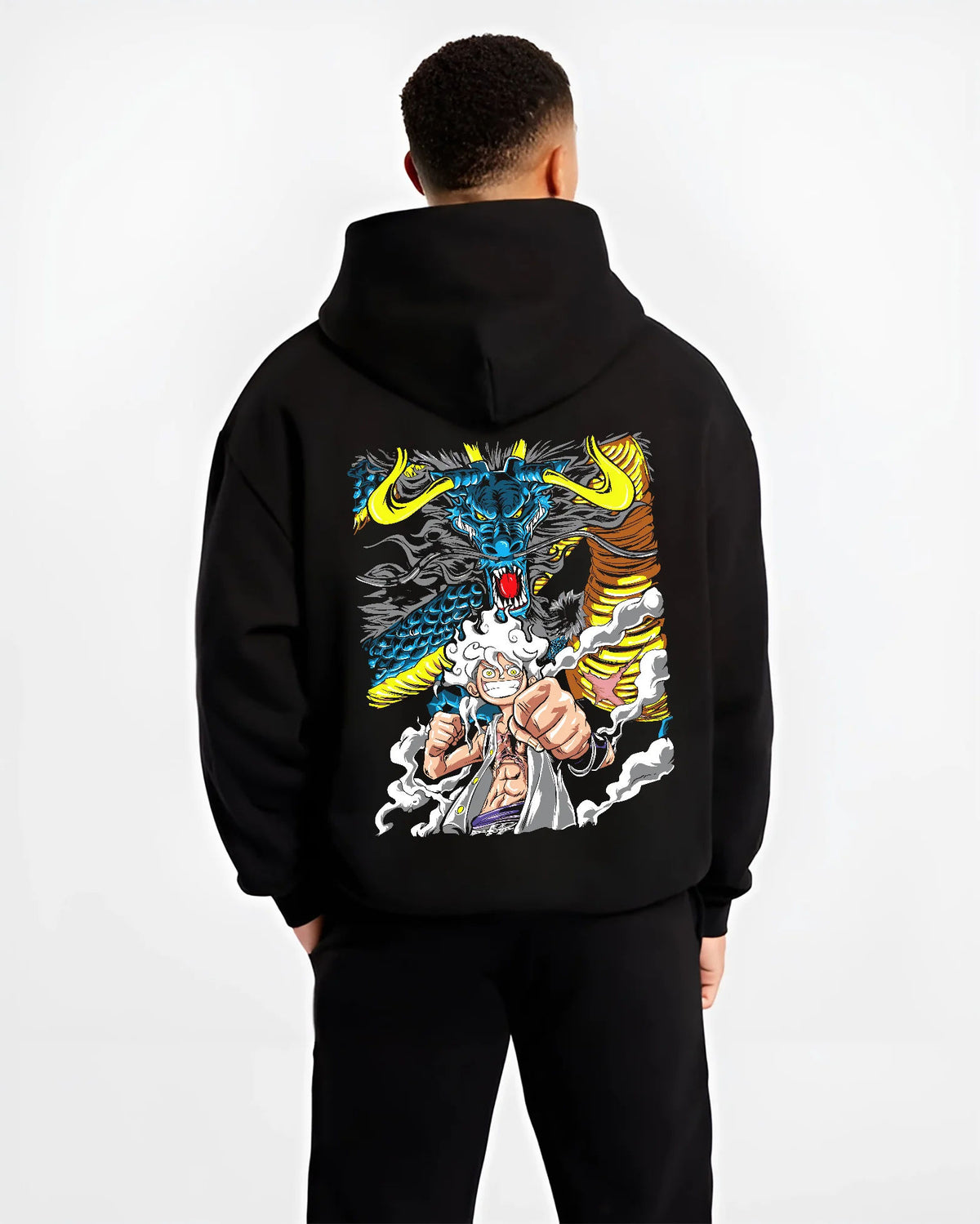 Black hoodie model back view with Monkey D. Luffy Gear 5 with Kaido dragon from One Piece illustrated back graphic