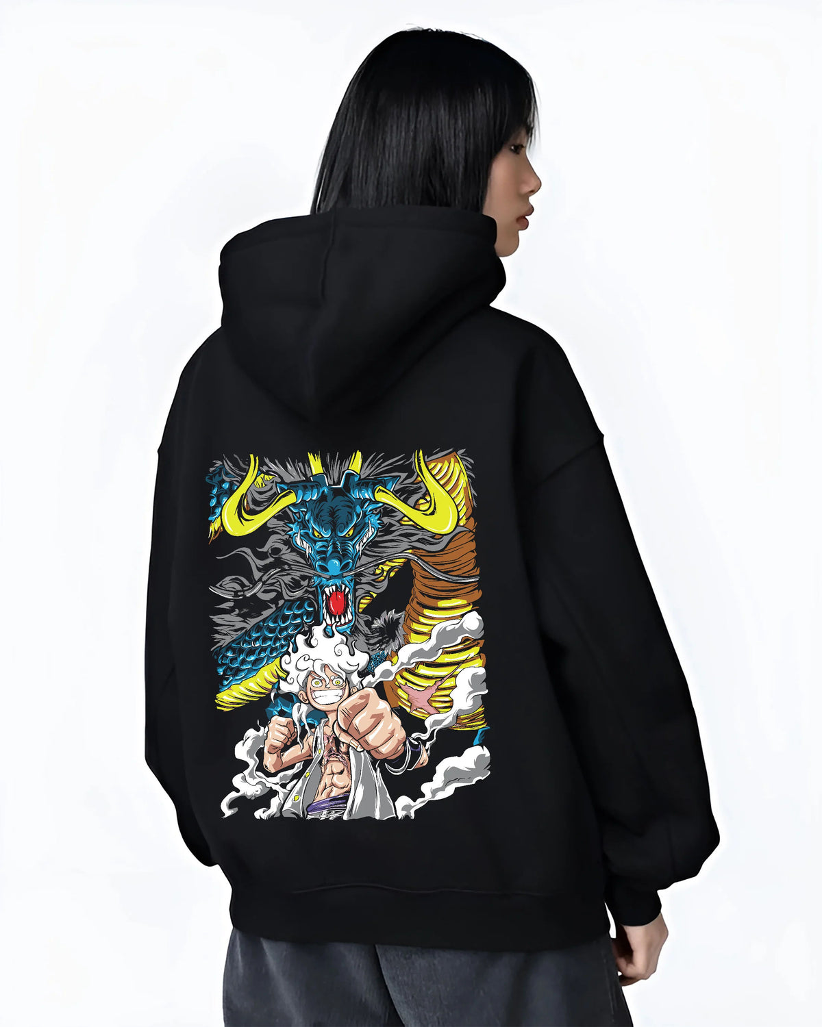 Black hoodie female model back view with Monkey D. Luffy Gear 5 with Kaido dragon from One Piece illustrated back graphic