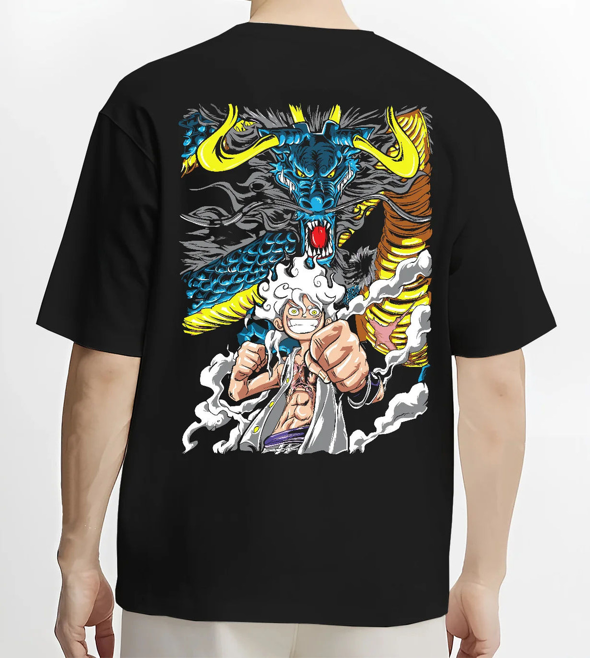 Black T-shirt model back view with Monkey D. Luffy Gear 5 with Kaido dragon from One Piece illustrated back graphic
