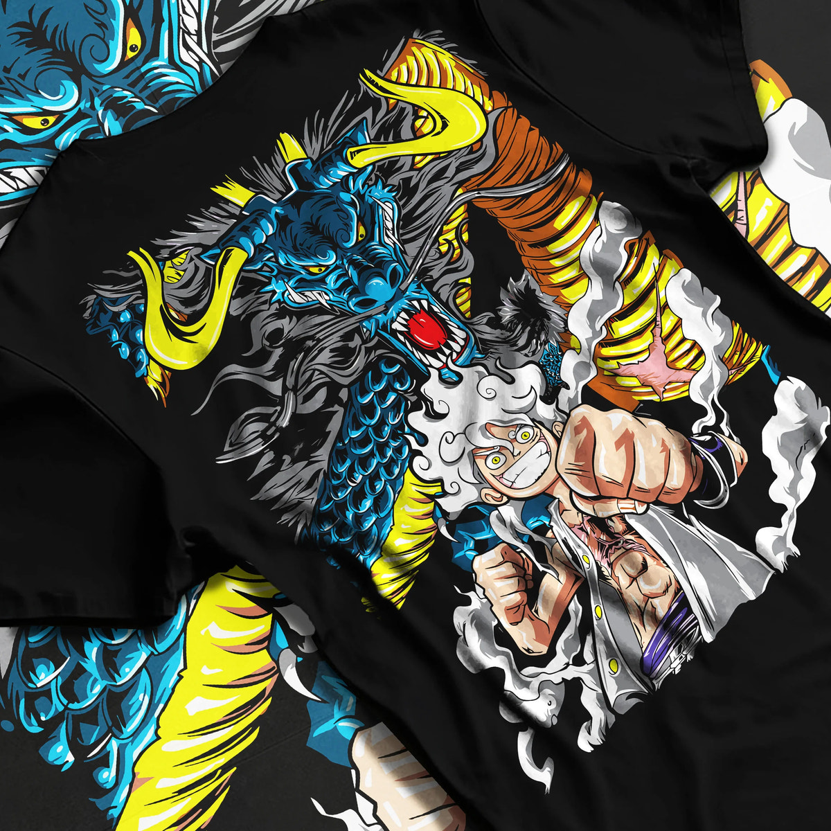 Black T-shirt flat back view with Monkey D. Luffy Gear 5 with Kaido dragon from One Piece illustrated back graphic