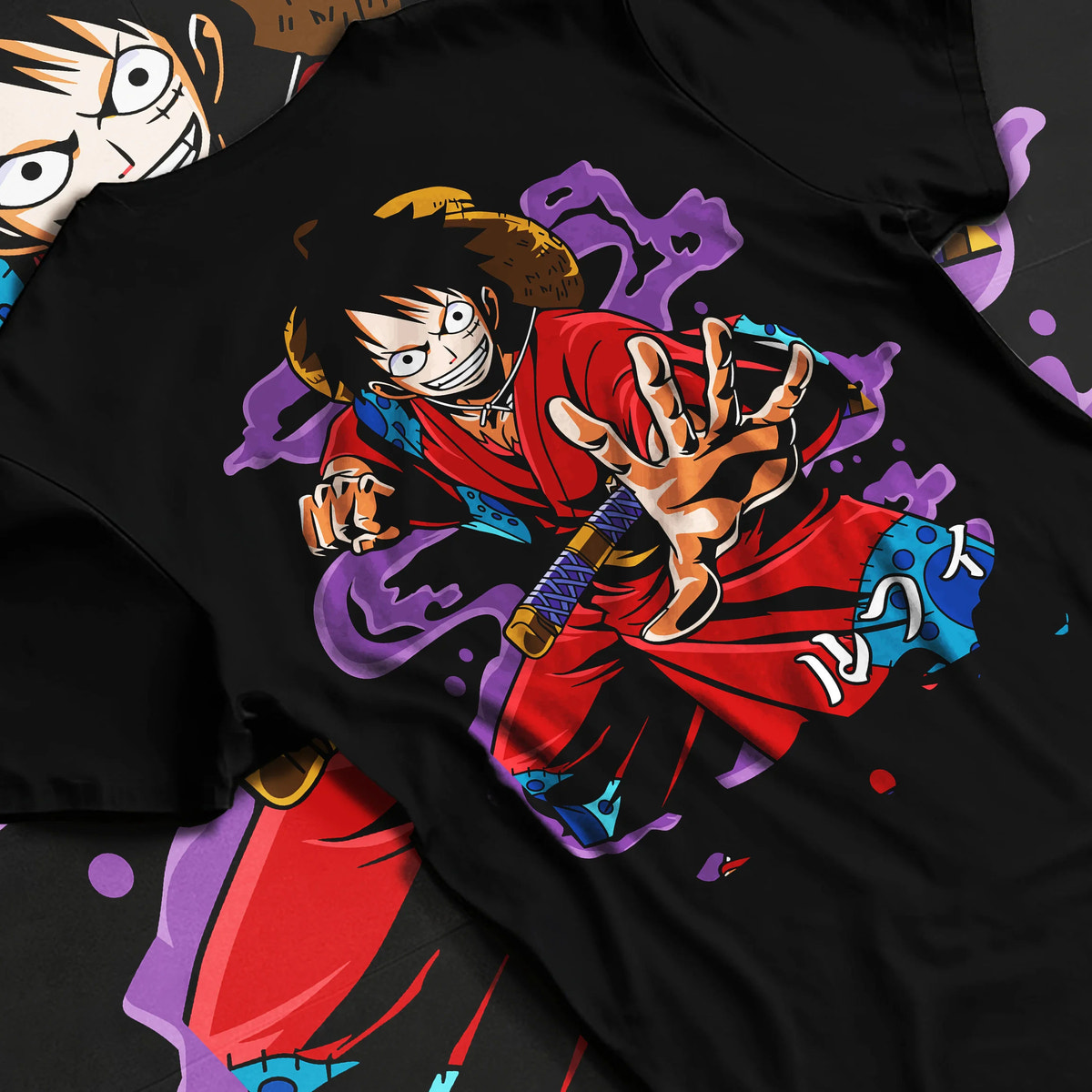 Black T-shirt flat back view showing Monkey D. Luffy from One Piece: red coat battle pose