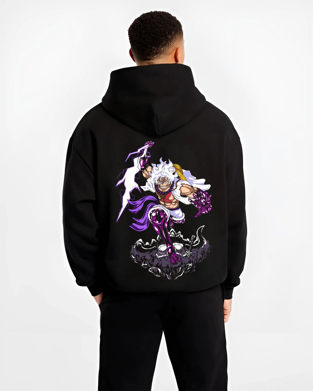 Black hoodie model back view showing Monkey D. Luffy from One Piece: Gear 5 purple lightning