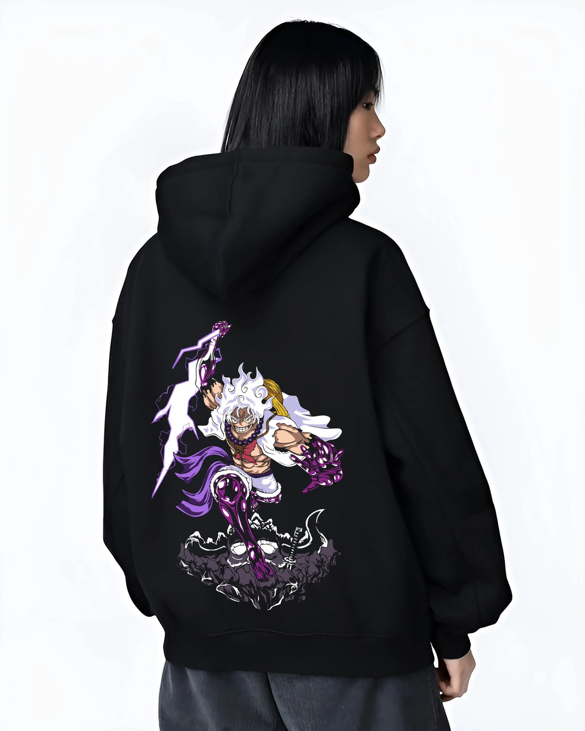 Black hoodie female model back view showing Monkey D. Luffy from One Piece: Gear 5 purple lightning
