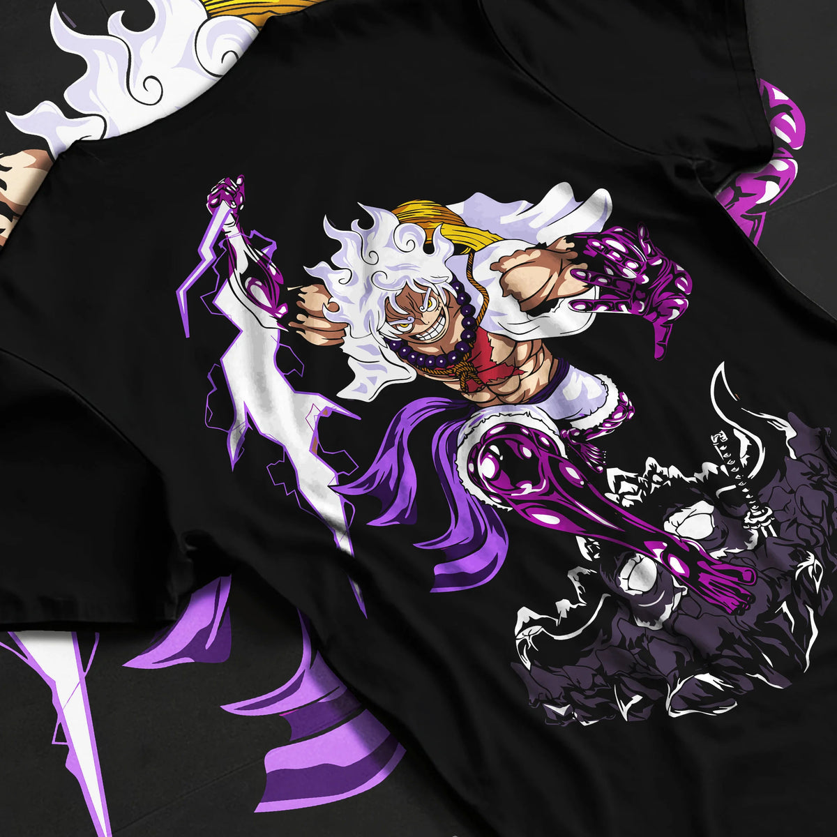 Black T-shirt flat back view showing Monkey D. Luffy from One Piece: Gear 5 purple lightning