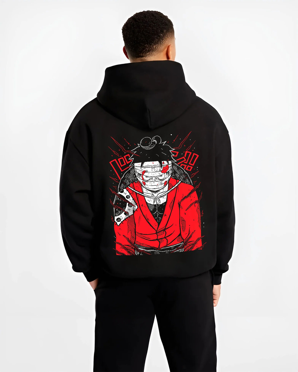 Black hoodie model back view showing Monkey D. Luffy from One Piece: Straw Hat pirate red-black design