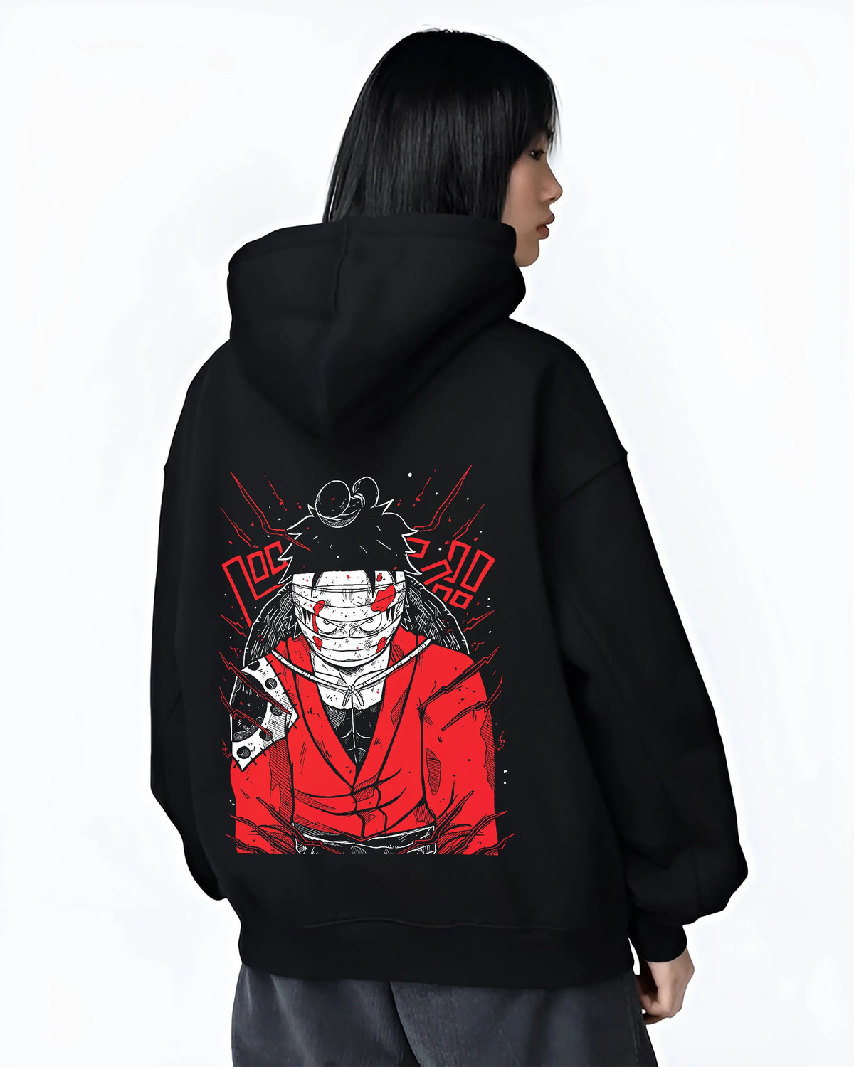 Black hoodie female model back view showing Monkey D. Luffy from One Piece: Straw Hat pirate red-black design