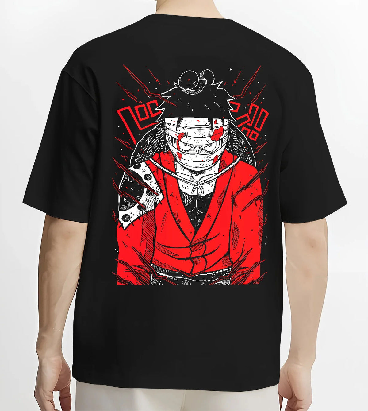 Black T-shirt model back view showing Monkey D. Luffy from One Piece: Straw Hat pirate red-black design