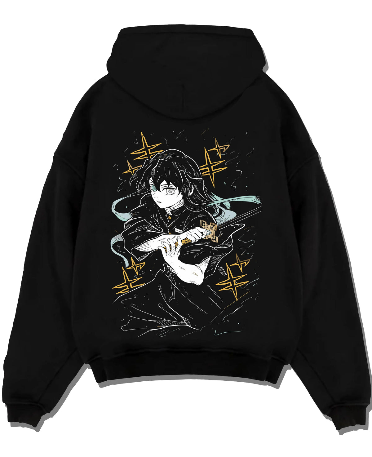Black hoodie laid flat featuring Muichiro Tokito Mist Breathing Seventh Form artwork.