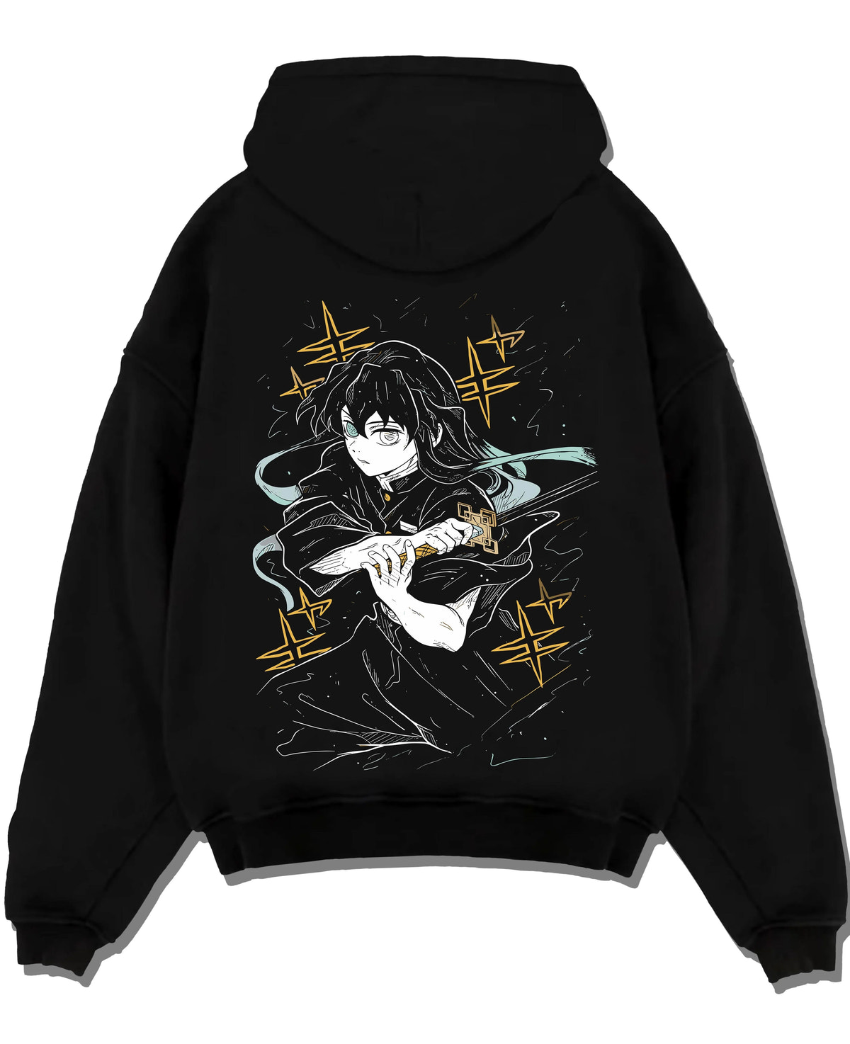 Black hoodie laid flat featuring Muichiro Tokito Mist Breathing Seventh Form artwork.
