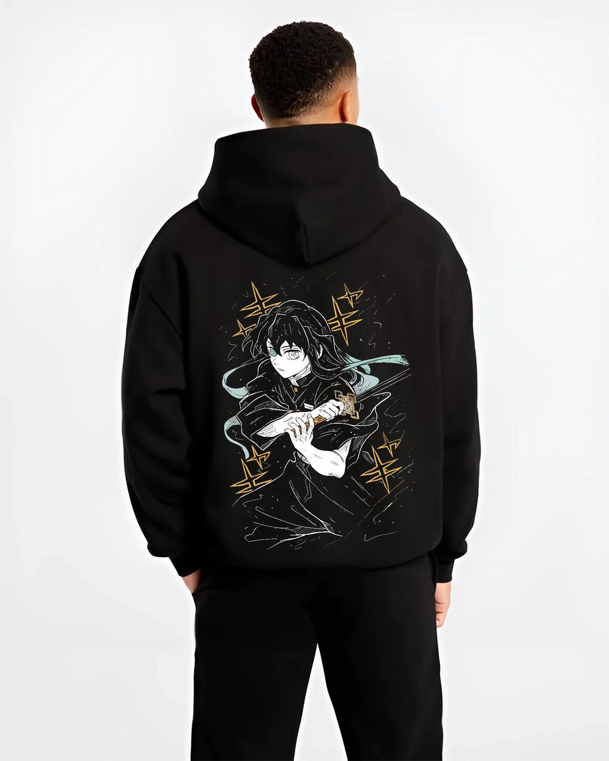 Black hoodie worn by male model from the back featuring Muichiro Tokito Mist Breathing Seventh Form artwork.