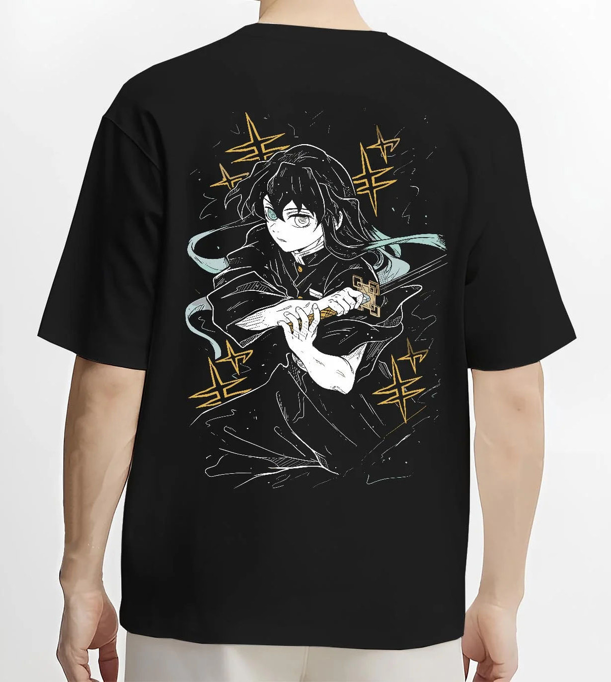 Black T-shirt worn by male model from the back featuring Muichiro Tokito Mist Breathing Seventh Form artwork.