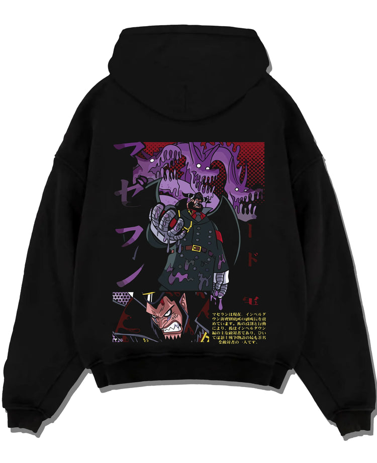 Black pullover hoodie laid flat with Magellan Venom Hoodie One Piece Impel Down graphic bold anime graphic.