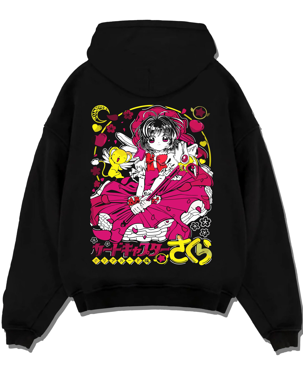 Black hoodie laid flat featuring Sakura Kinomoto with her magic wand artwork.