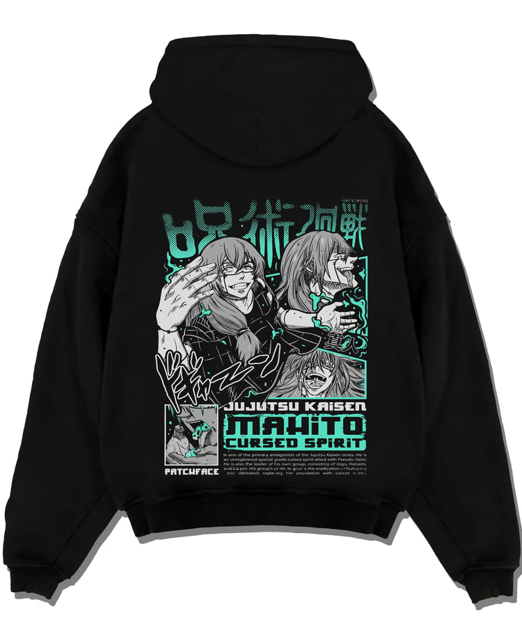 Black pullover hoodie laid flat with Mahito Cursed Spirit Hoodie Jujutsu Kaisen graphic Mahito themed artwork.