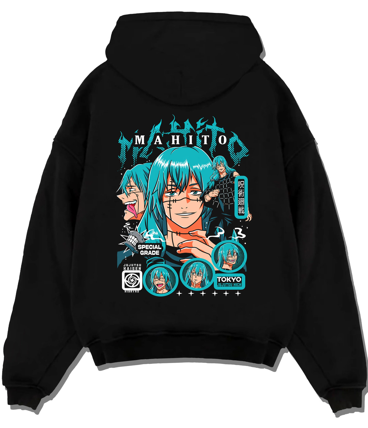 Black hoodie flat back view showing Mahito from Jujutsu Kaisen: turquoise-haired Jujutsu Kaisen collage
