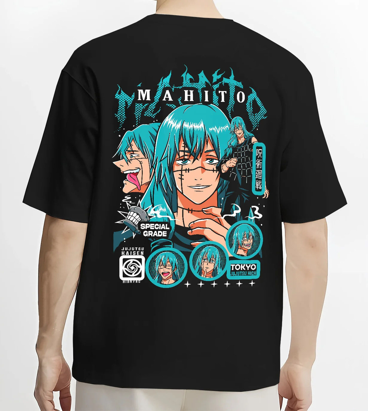Black T-shirt model back view showing Mahito from Jujutsu Kaisen: turquoise-haired Jujutsu Kaisen collage