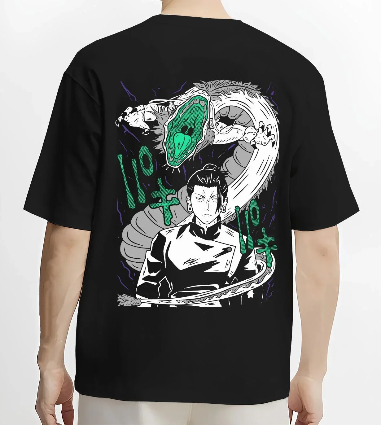 Black T-shirt worn by male model, back view with Mahito Hoodie Jujutsu Kaisen Cursed Spirit graphic premium wear.