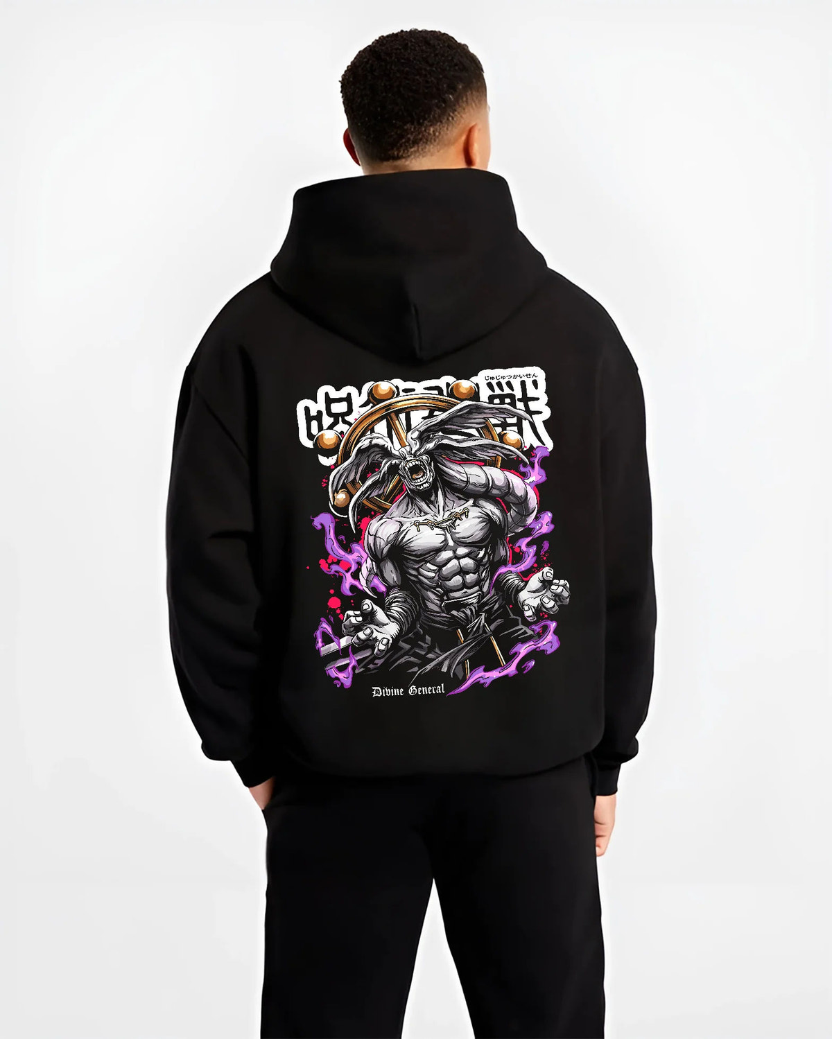 Black hoodie model back view showing Mahoraga / Divine General from Jujutsu Kaisen: JJK monster artwork