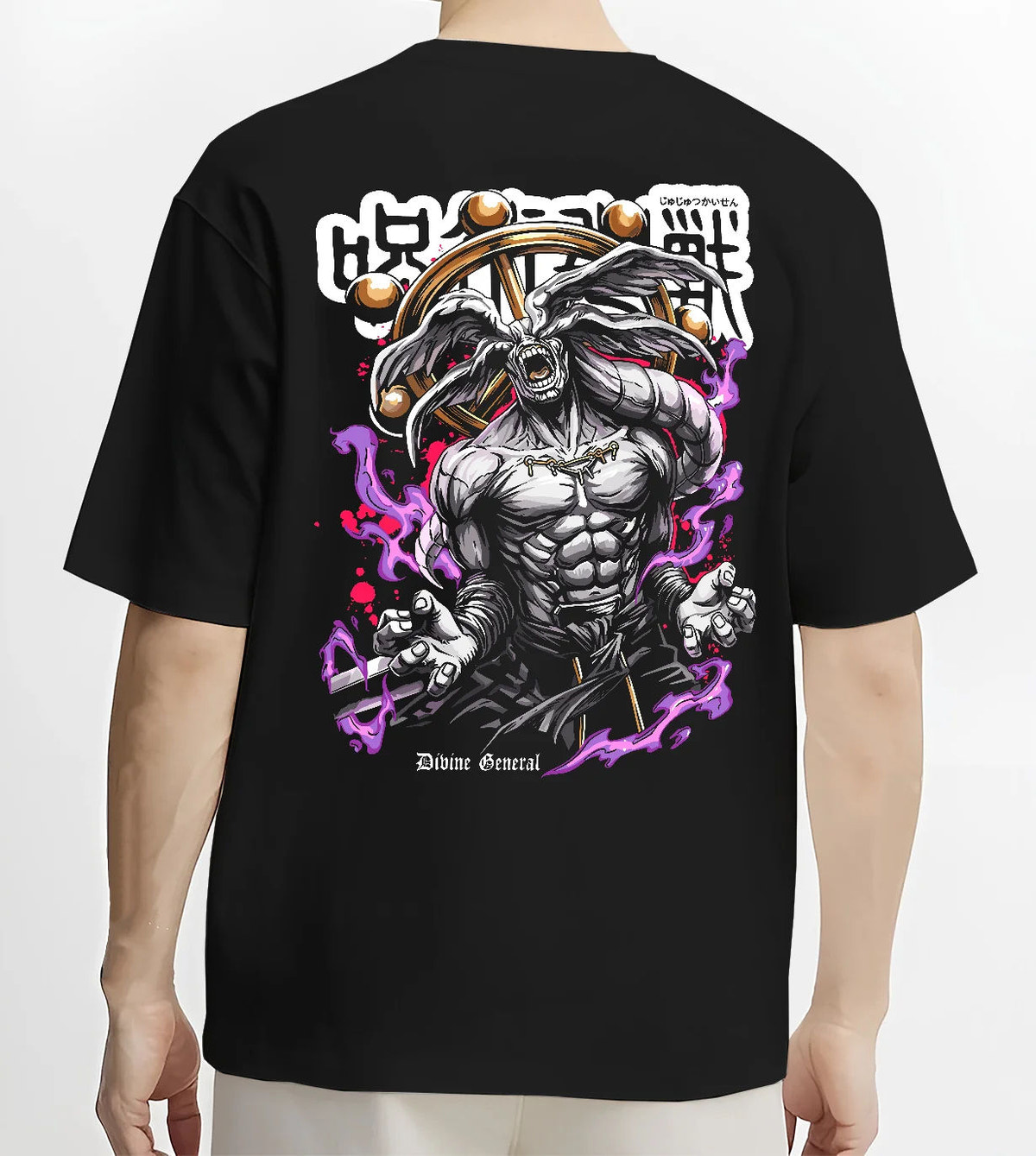 Black T-shirt model back view showing Mahoraga / Divine General from Jujutsu Kaisen: JJK monster artwork