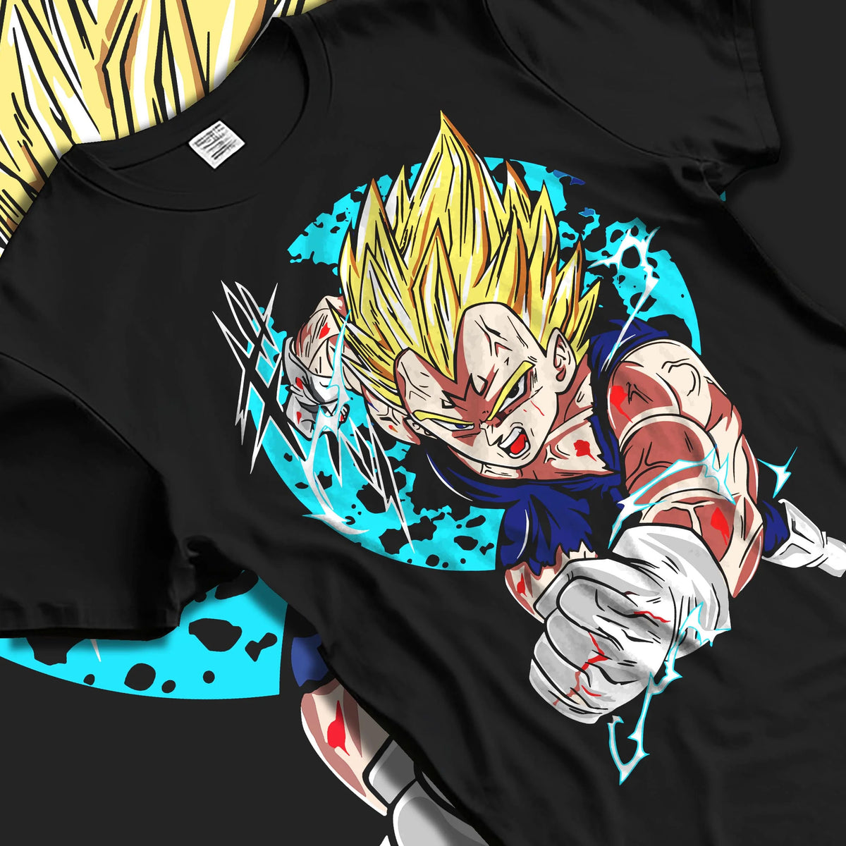 Black T-shirt laid flat with natural folds featuring Majin Vegeta Final Explosion artwork.