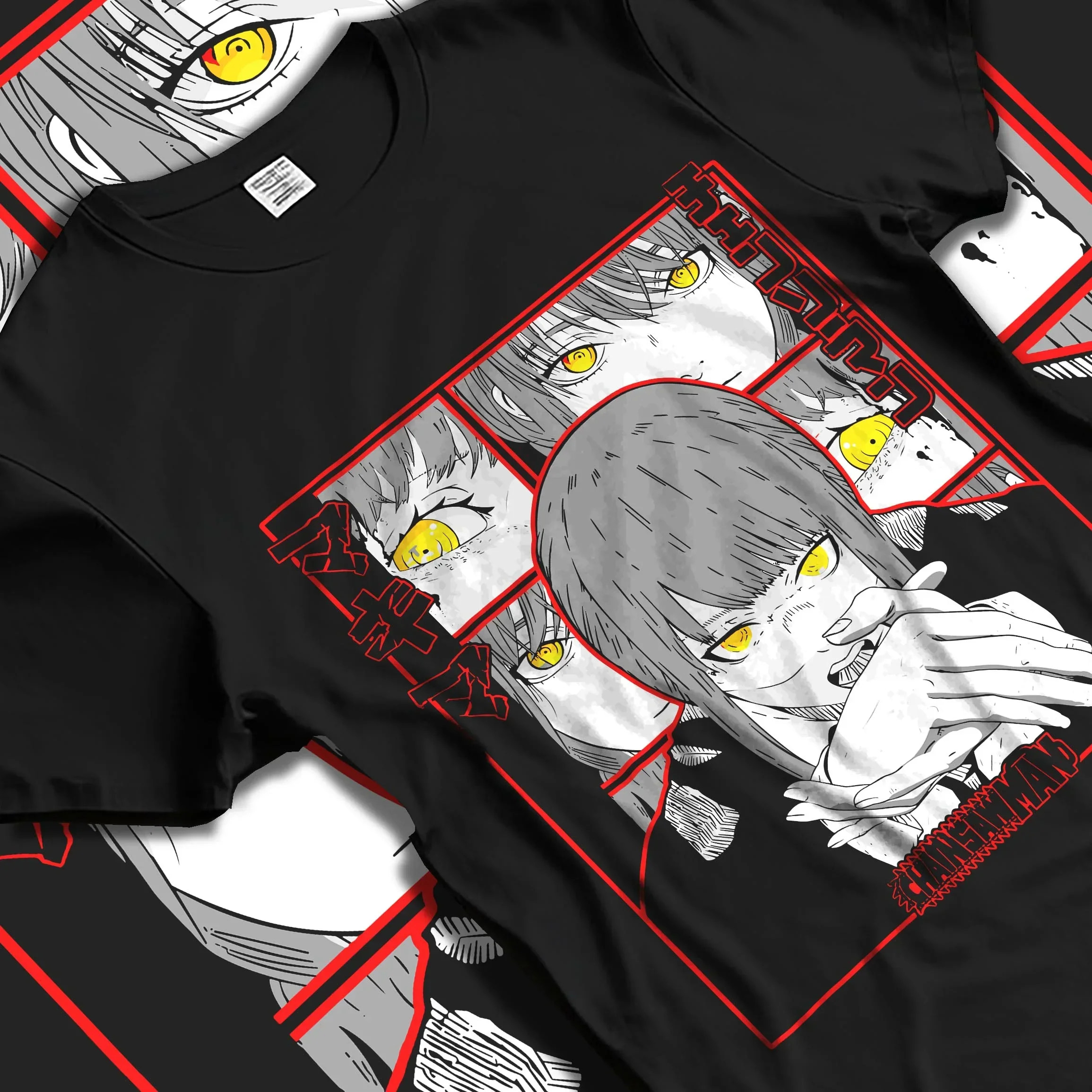 Black T-shirt laid flat with natural folds with Makima Devilish Hoodie Chainsaw Man Fiend Look graphic bold anime graphic.