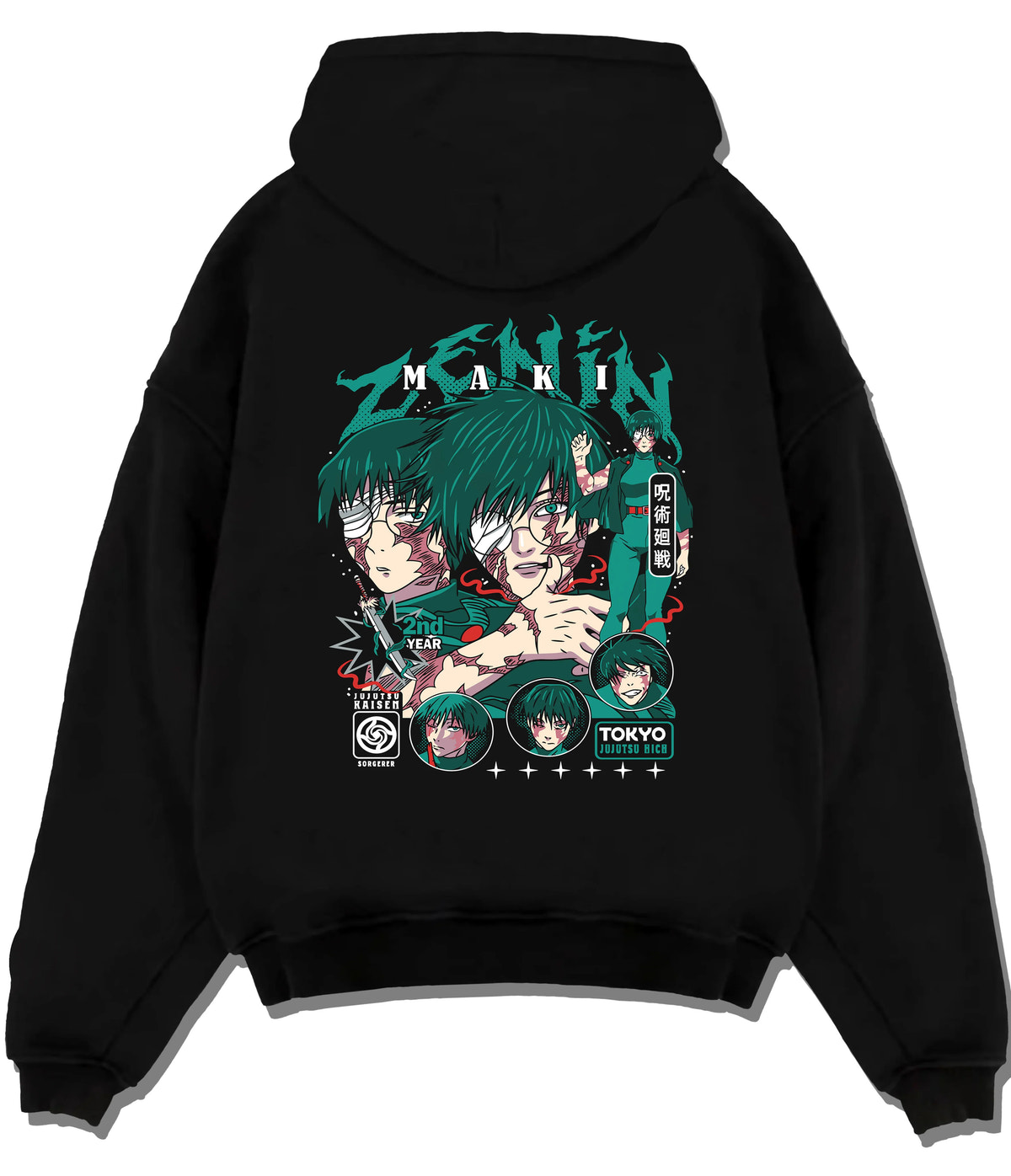 Black hoodie flat back view showing Maki Zenin from Jujutsu Kaisen: manga portraits with scars