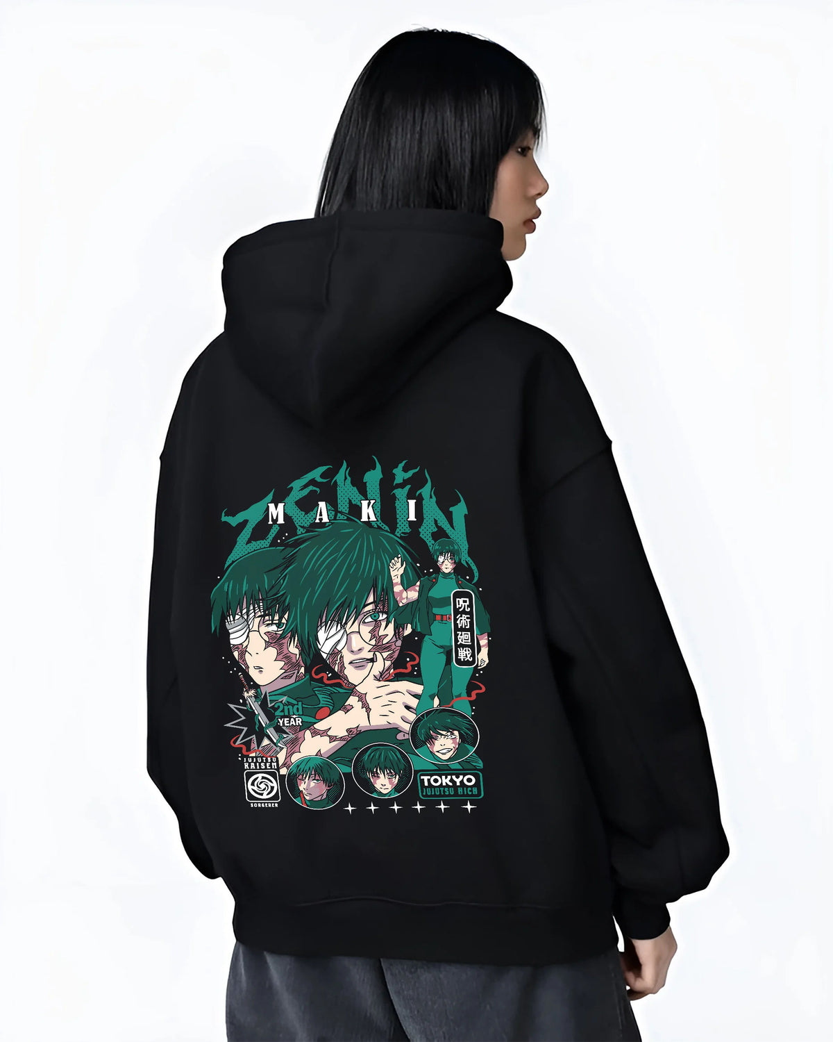 Black hoodie female model back view showing Maki Zenin from Jujutsu Kaisen: manga portraits with scars