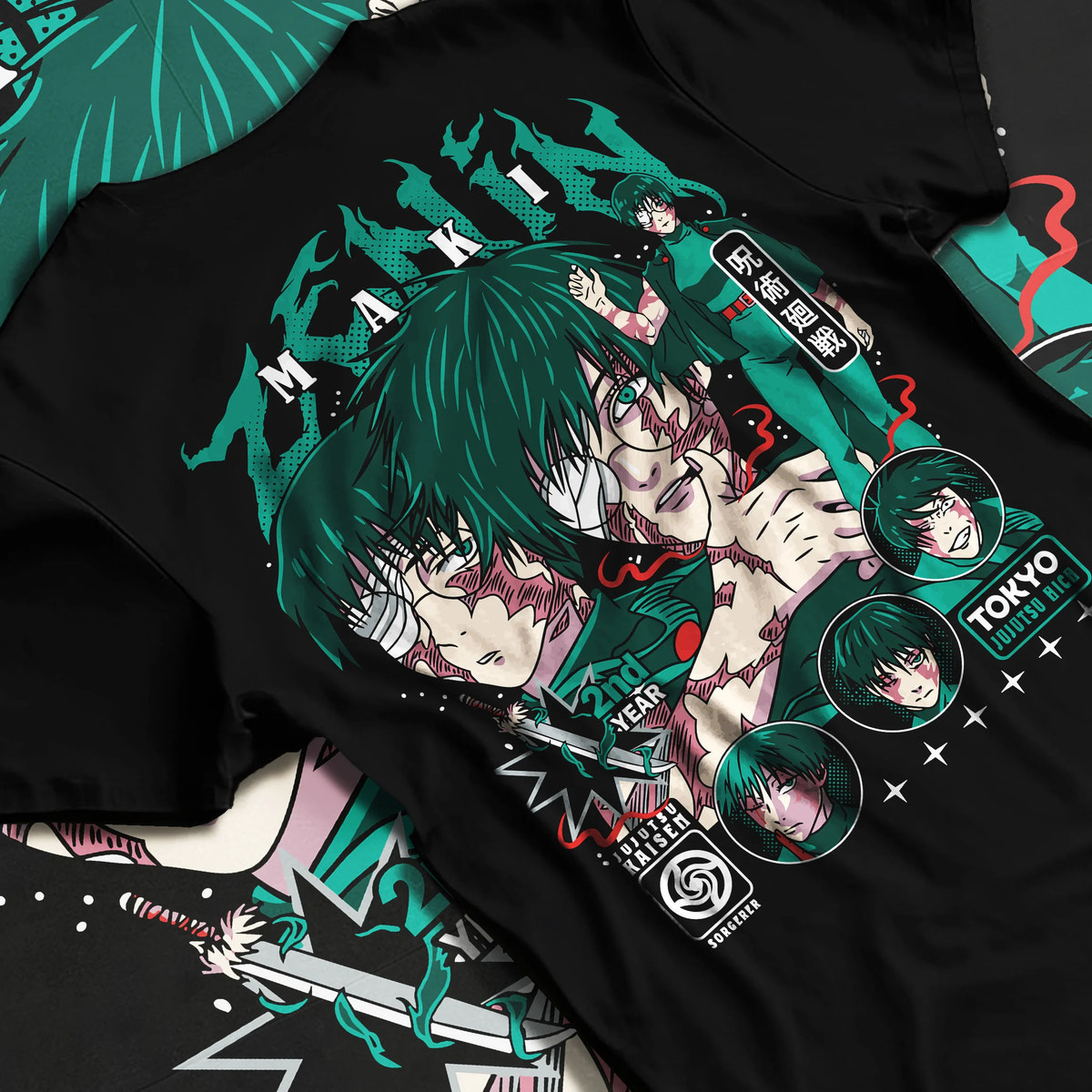 Black T-shirt flat back view showing Maki Zenin from Jujutsu Kaisen: manga portraits with scars