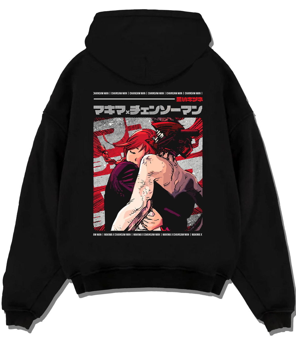 Black hoodie flat back view showing Makima and Denji from Chainsaw Man: Chainsaw Man crimson poster