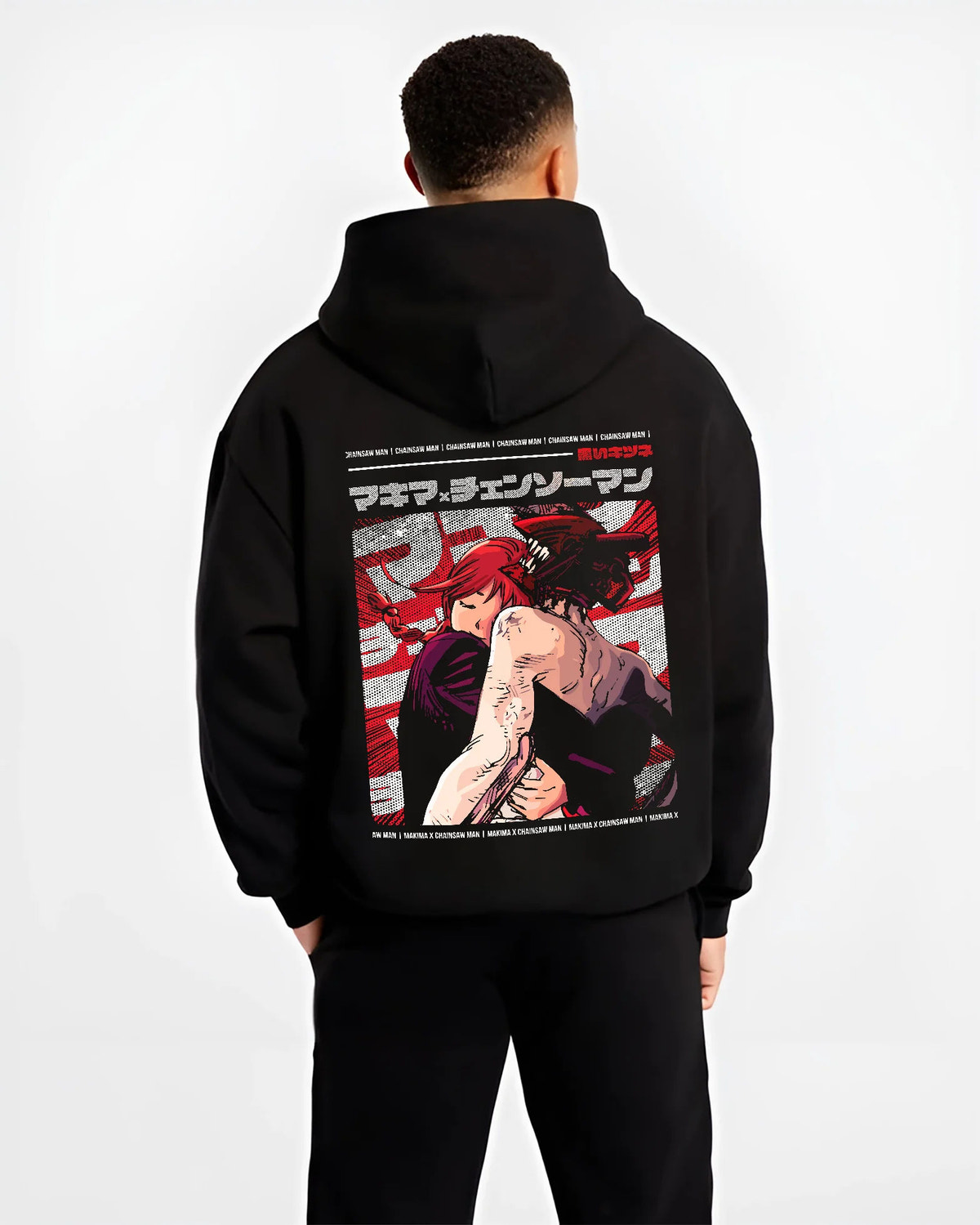 Black hoodie model back view showing Makima and Denji from Chainsaw Man: Chainsaw Man crimson poster