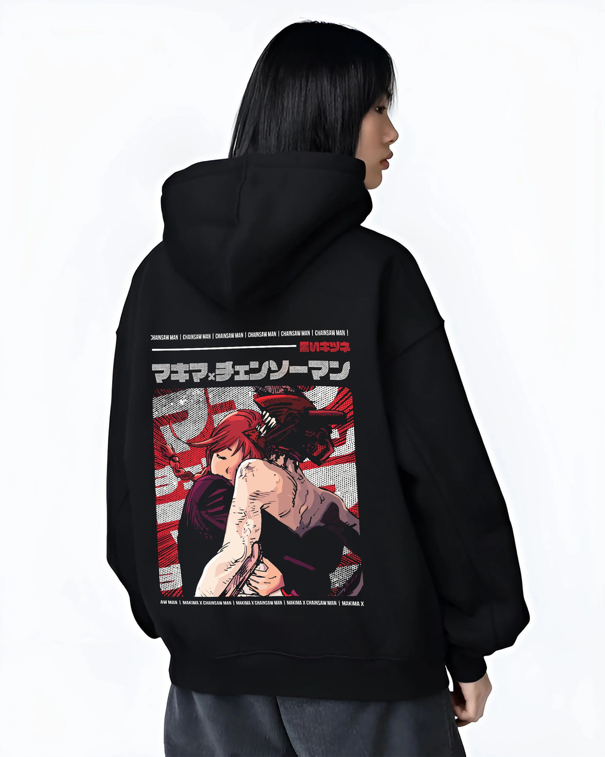 Black hoodie female model back view showing Makima and Denji from Chainsaw Man: Chainsaw Man crimson poster