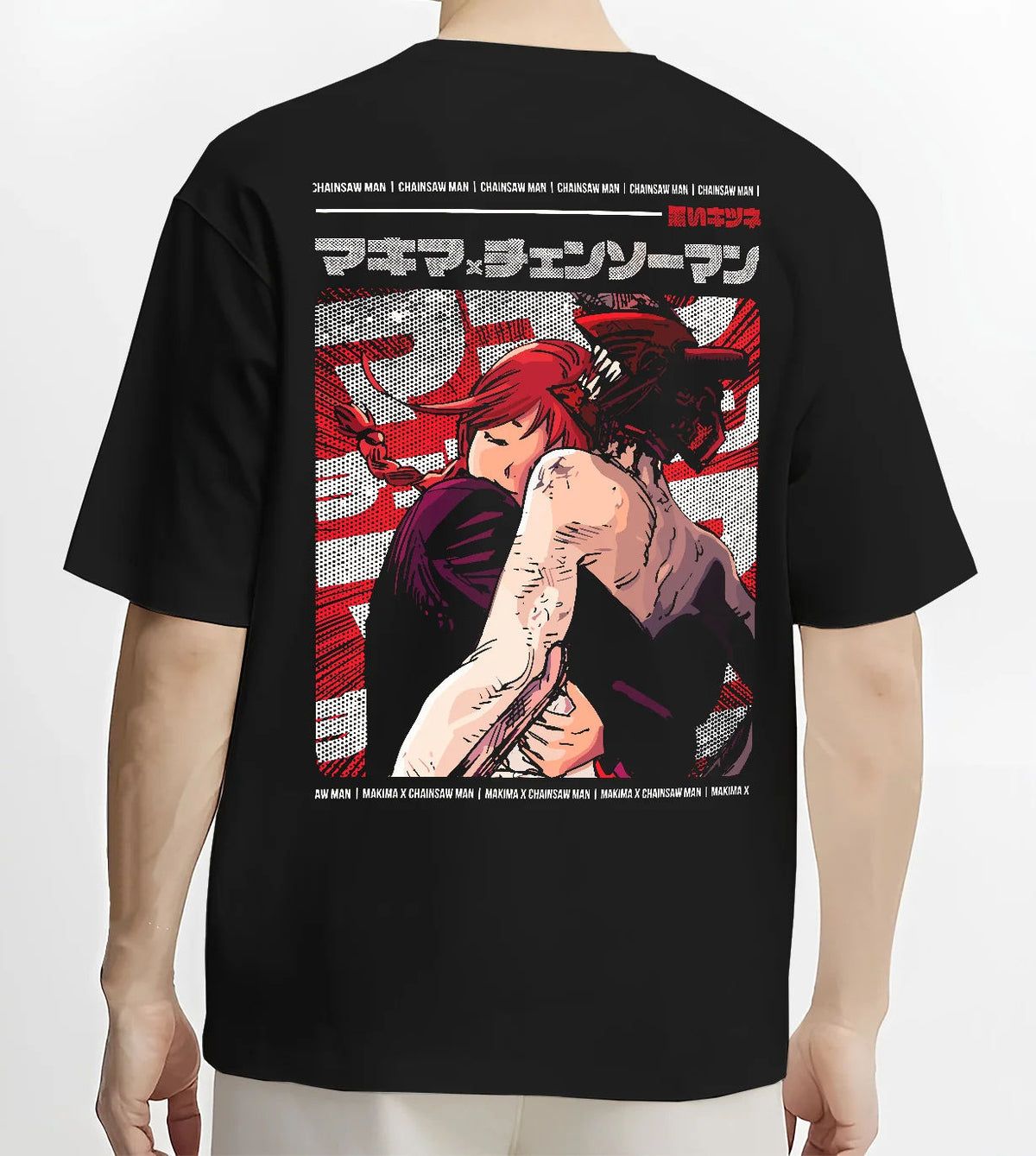 Black T-shirt model back view showing Makima and Denji from Chainsaw Man: Chainsaw Man crimson poster