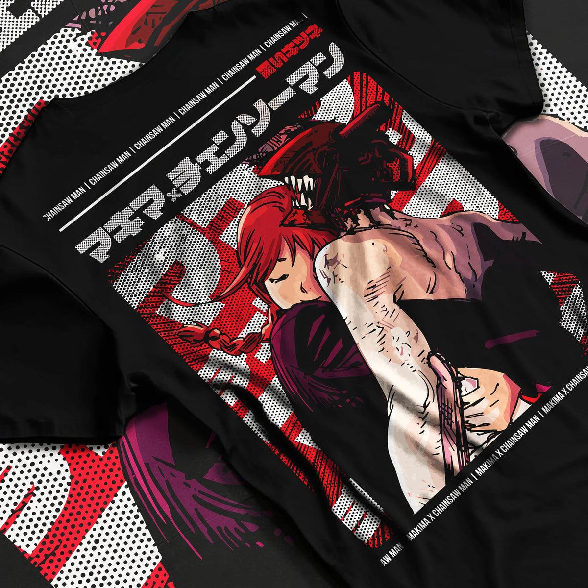 Black T-shirt flat back view showing Makima and Denji from Chainsaw Man: Chainsaw Man crimson poster