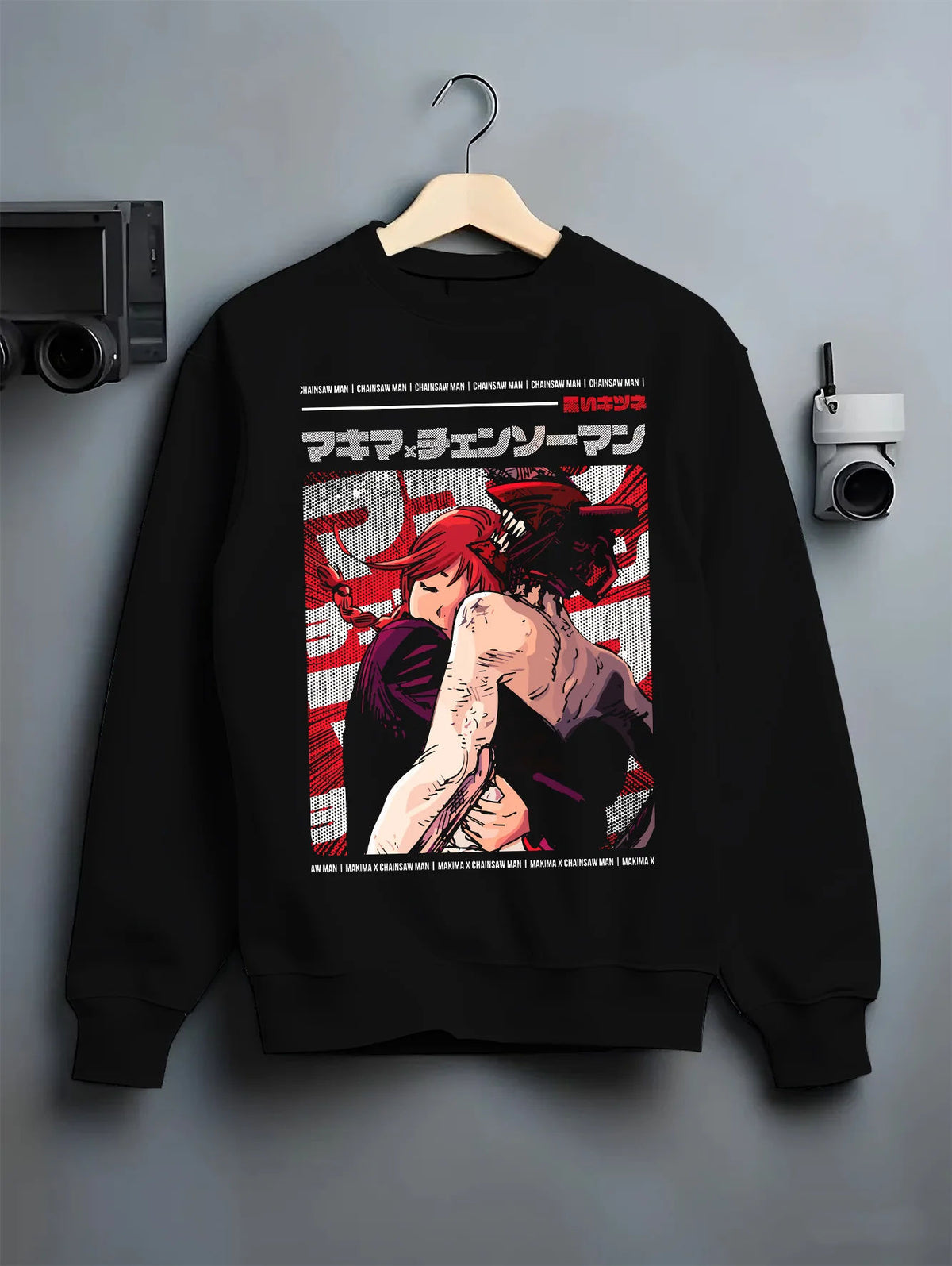 Black crewneck sweatshirt on hanger showing Makima and Denji from Chainsaw Man: Chainsaw Man crimson poster