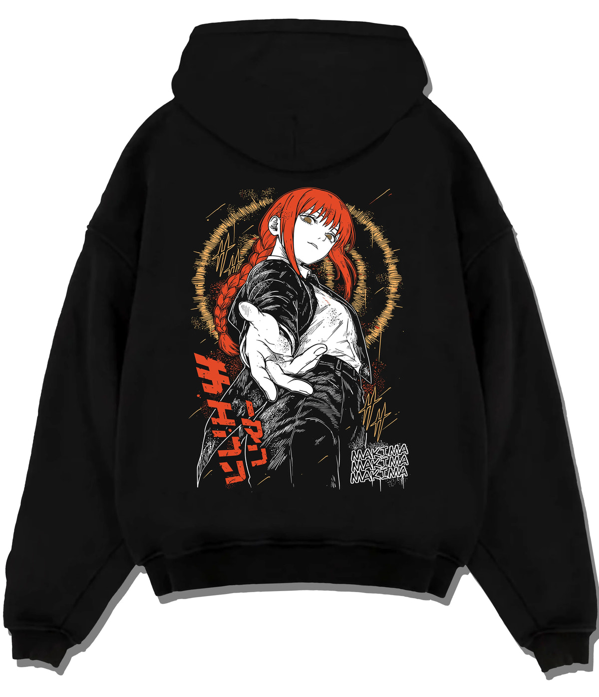 Black hoodie flat back view showing Makima from Chainsaw Man: orange-haired portrait