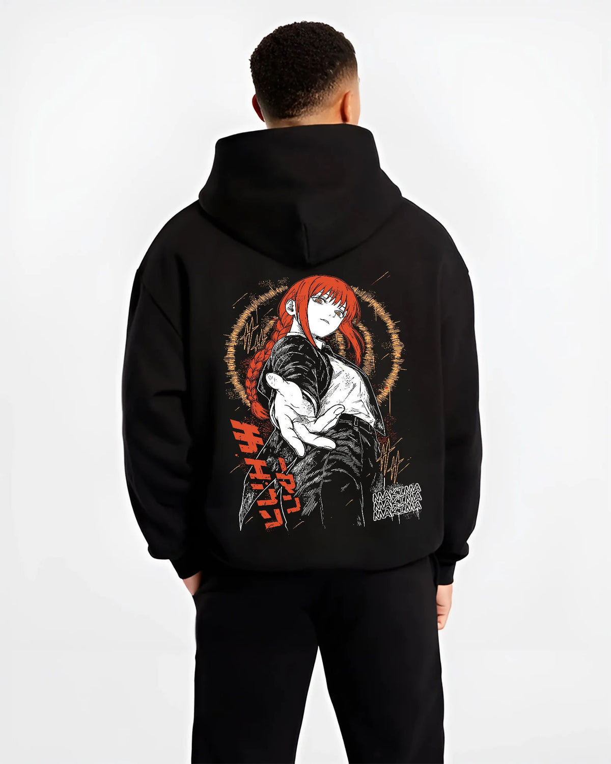 Black hoodie model back view showing Makima from Chainsaw Man: orange-haired portrait