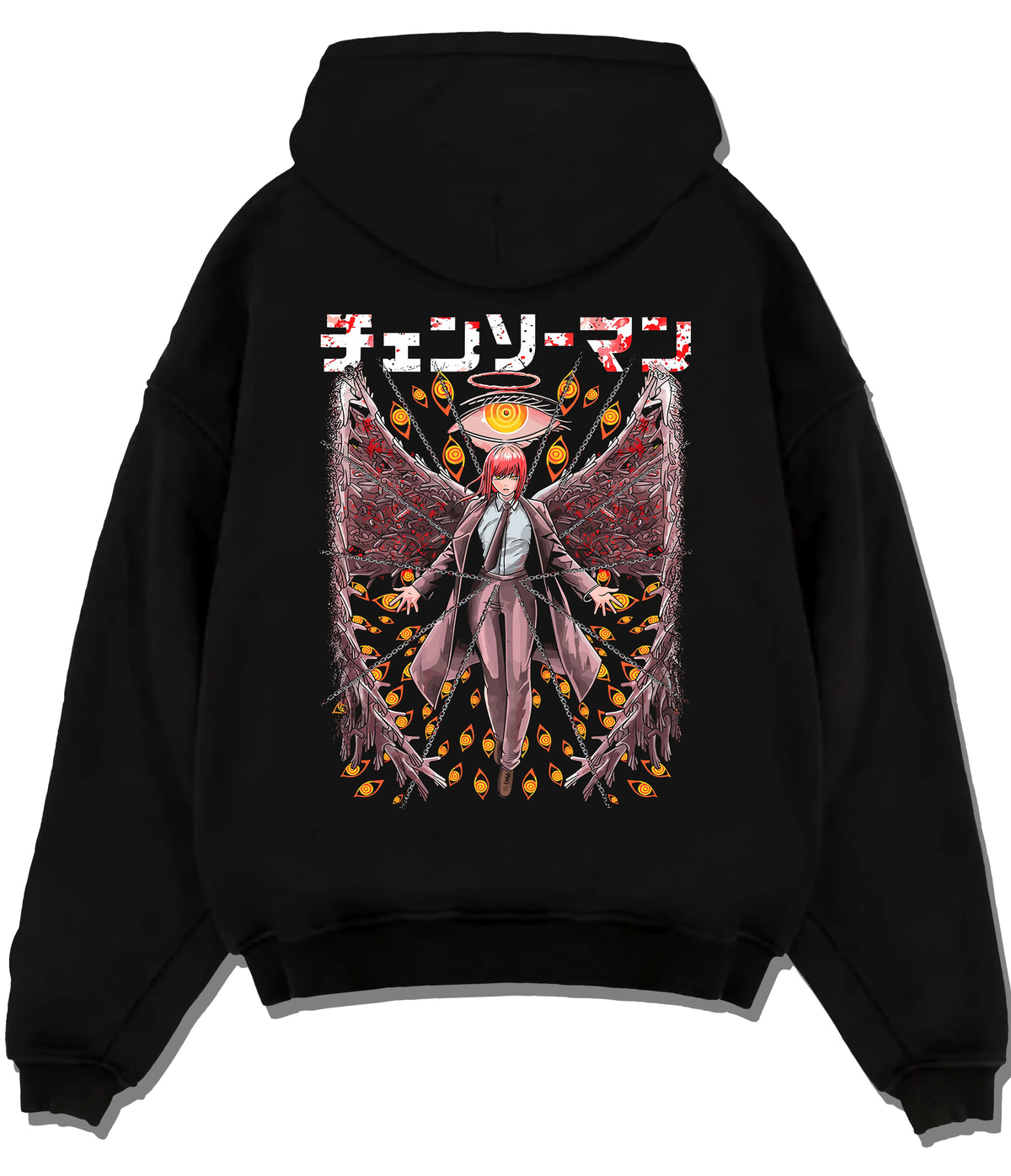 Black hoodie flat back view showing Makima from Chainsaw Man: Control Devil with chains